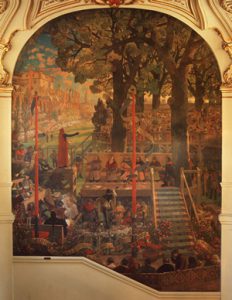 第１回『花合戦』、すなわち1324年5月3日の７人のトルバドゥールによる極めて悦ばしき集い」、ジャン・ポール・ローレンス作（1912年）