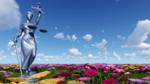 正義の女神と花畑