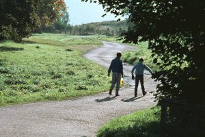 田舎道を歩く２人の男性