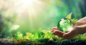 野原の中のガラスの地球儀：持続可能性のイメージ