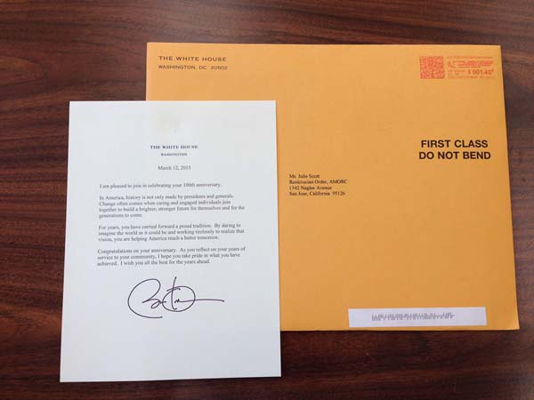 元米国大統領バラク・オバマ氏からのお祝いの手紙