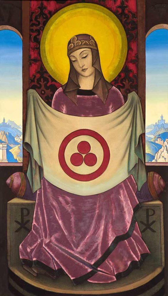 ニコライ・リョーリフの作品「Madonna Oriflamma」に描かれた平和の旗（提供：WikiArt, Public domain, Nicholas Roerich Museum, New York City）