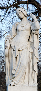 クレマンス・イゾール像（アントニー・オーギュスタン・プレオール作（1846年）。パリのルクサンブール公園に立つ、有名な女性たちをモデルにした一連の彫像のうちのひとつ。（撮影：マリー-ラン・グエン 2008年　出典：ウィキメディア・コモンズ）