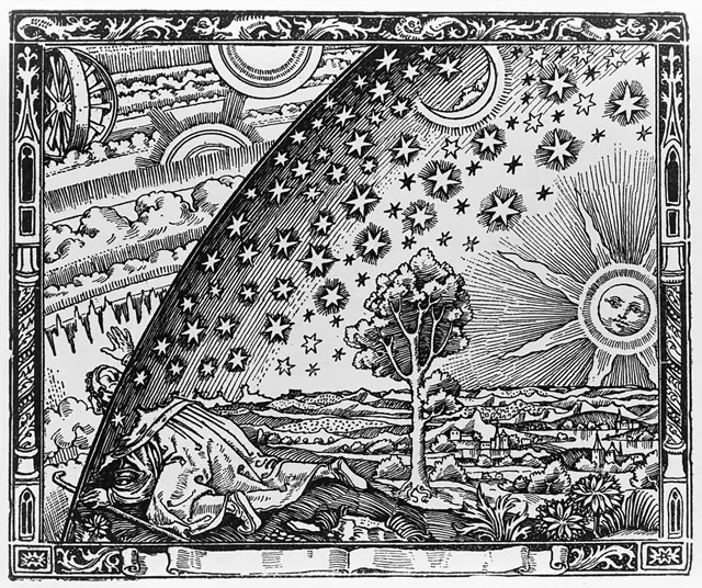 A traveller puts his head under the edge of the firmament in the original (1888) printing of the Flammarion wood engraving. 
