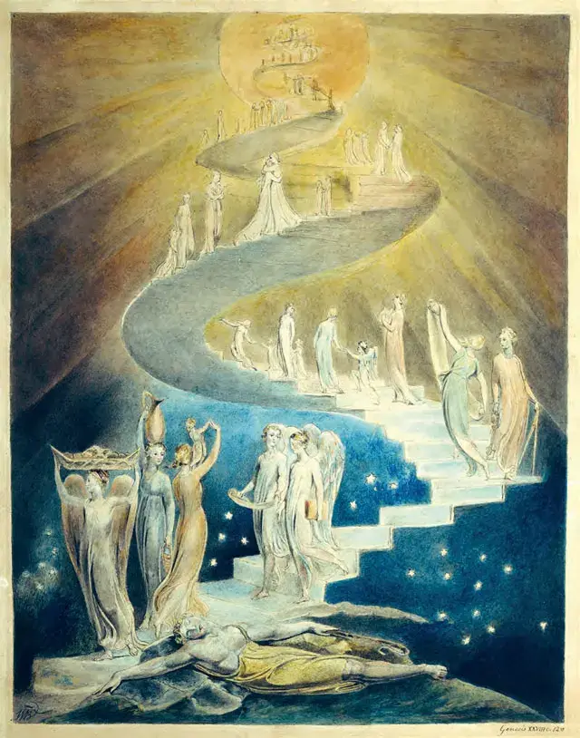 ブレイクが描いた「ヤコブの梯子の夢」は、『創世記』（28:11-19）に記された族長ヤコブが兄エサウから逃れている間に見た夢である