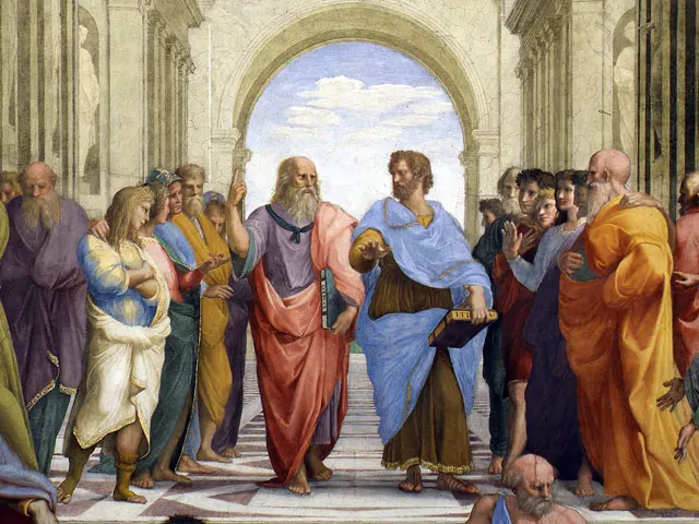 ラファエロ作の絵画『アテナイの学堂』（中央部の拡大）