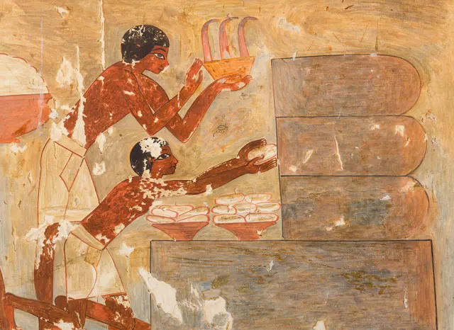 ハチミツの採集（第18王朝の高官レクミラ（Rekhmire）の墓の壁画をエジプト学者Nina de Garis Daviesが模写したもの）