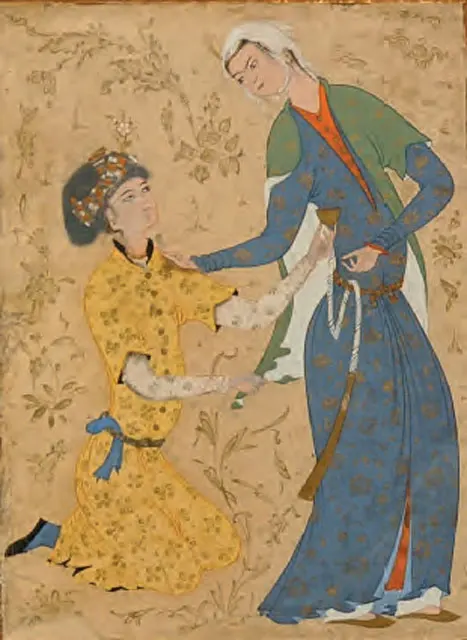 一人の男性が愛する人の服の裾をつかんでいるが、これは神との合一を切望するスーフィーの苦悩の表現である。イランもしくは中央アジア、16世紀