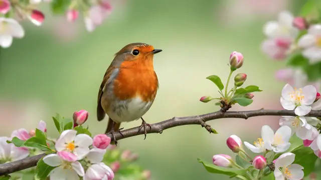 リンゴの木に止まったコマドリ