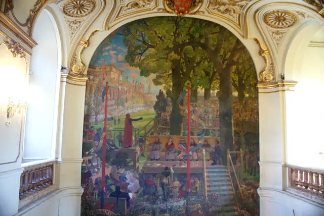 フレスコ画「第１回『花合戦』、すなわち1324年5月3日の７人のトルバドゥールによる極めて悦ばしき集い」