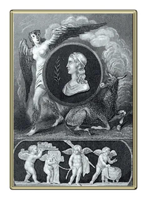 ボーンズ古典文庫版『アプレイウス著作集』の扉絵。アプレイウスの肖像の左右には、フクロウに姿を変えた魔女のパムフィーレと、黄金の驢馬が描かれている