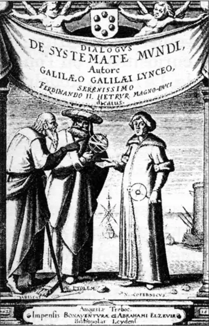 ガリレオの『天文対話』の扉絵。アリストテレス、プトレマイオス、コペルニクスが議論している