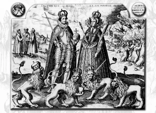 フリードリヒ5世とエリザベスの戴冠式。さまざまな象徴がこの同盟の重要性を強調している